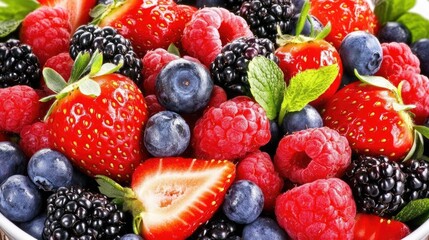 Fototapeta premium A bowl of fresh, juicy mixed berries including strawberries, blueberries, and blackberries, perfect for breakfast -