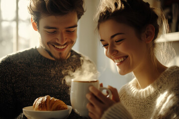 Young couple is smiling while having breakfast on a sunny winter morning