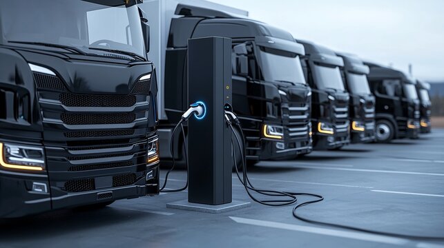 Fleet of electric cars charging at fast chargers in the logistics hub parking area, with trucks visible in the background. The layout provides copy space for text or design.