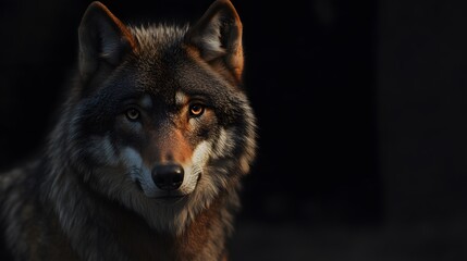 Fototapeta premium Portrait of a wolf, looking at the camera, against a black background