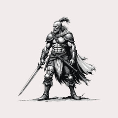Fantasy Warrior vector artwork.  Medieval Knight With Sword. ancient fighter