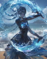 battle-ready female water genasi wielding twin water-forged weapons in ocean spray