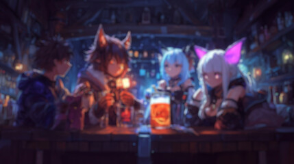 blurred interior of medieval fantasy anime tavern