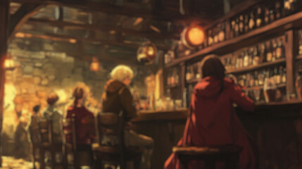blurred interior of medieval fantasy anime tavern