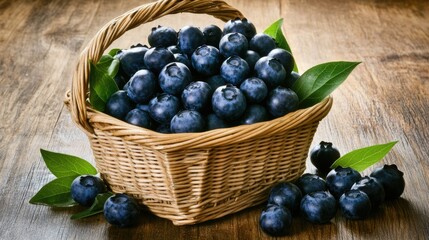 A close-up shot of juicy blueberries spilling out of a basket, surrounded by green leaves on a wooden surface