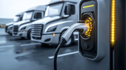 Obraz premium Company fleet of electric vehicles charging at fast chargers in a logistics center parking area, with trucks and warehouses visible, offering ample copy space for messaging.