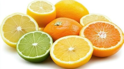 Obraz premium A colorful arrangement of juicy citrus fruits, including oranges, lemons, and limes, set on a bright table