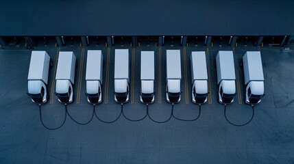 Company fleet of electric vehicles charging at fast chargers in a logistics center parking area, with trucks and warehouses visible, offering ample copy space for messaging.