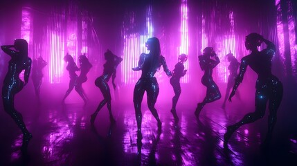 Electrifying Nightclub Performance   Silhouetted Dancers on Vibrant Neon Stage