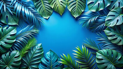 Naklejka premium Vibrant Green Foliage Arranged in a Circular Pattern Against a Vivid Blue Background