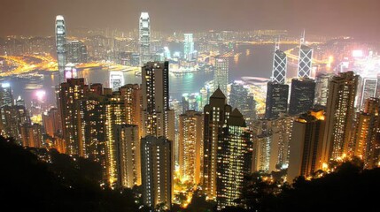 Fototapeta premium A dense cluster of city lights seen at night from a high vantage point, showcasing urban life