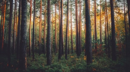 Fototapeta premium A dense forest with towering pine trees, sunlight barely penetrating the thick canopy above