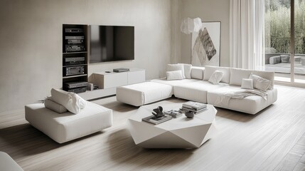A sleek, minimalist living room with a modular white sofa, a geometric coffee table, and a concealed entertainment system