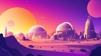 Futuristic city on a planet with two suns and a purple sky.