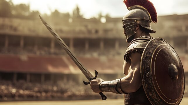 33. Roman gladiator holding a sword and shield in an arena setting