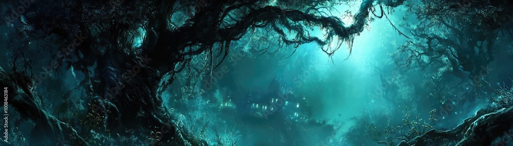 Aufkleber Mysterious forest scene with ethereal light filtering through dense foliage, creating a magical atmosphere.
