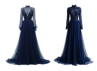 Elegant Navy Blue Evening Gowns with Sheer Lace Details isolated white background