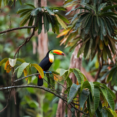 Toucan sitting on the branch in the forest, green vegetation,  Nature travel. Two Keel-billed Toucan, Ramphastos sulfuratus, pair of bird with big bill. Wildlife