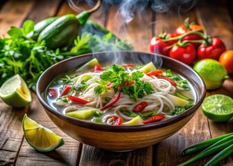 Delicious bowl of steaming pho with fresh herbs, lime, and colorful vegetables on a wooden table