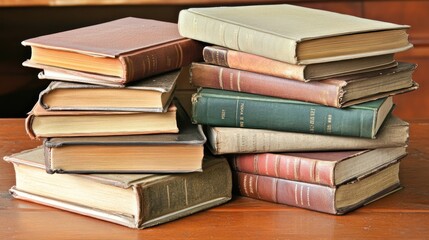 A dense pile of books stacked haphazardly on a table, representing knowledge and learning