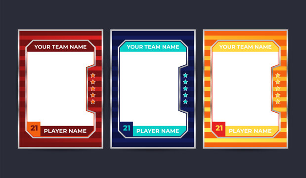 Set of trading frames for game sports card template. Templates for sports teams, including space for team name, player name, and number. Vector illustration