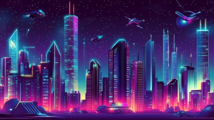 Futuristic cityscape at night with neon lights and flying cars.