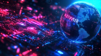 Metaverse, virtual reality, augmented reality and blockchain technology, user interface 3D experience. Word metaverse with world map globe in futuristic environment background.