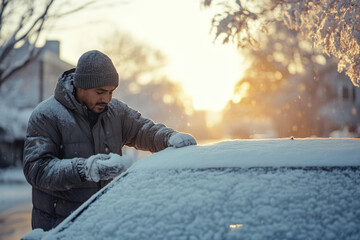 Man is removing snow from his car on a cold and sunny winter morning