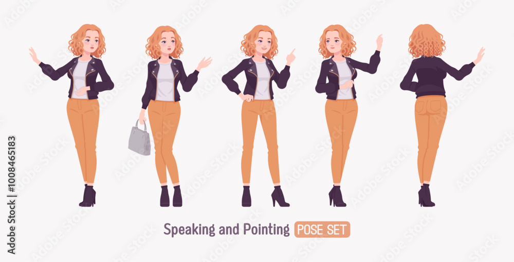 Wall mural Pretty curly trendy woman urban autumn jacket set speaking, chic fall season look casual outing, ambitious motivated female speaker presenter consulting, training, persuading. Vector illustration