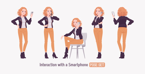 Pretty curly young trendy woman in urban autumn jacket using phone set, chic fall season look casual outings, ambitious motivated female holding smartphone, talking, making call. Vector illustration