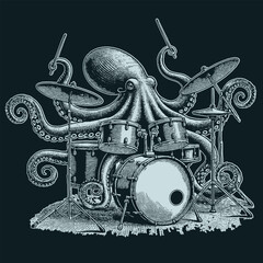 octopus plays drums.stylish engraving on a dark background for printing on a t-shirt.vector © Dmytro