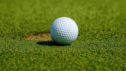 Obraz premium A golf ball with a custom logo sitting in the middle of the fairway on a bright sunny day