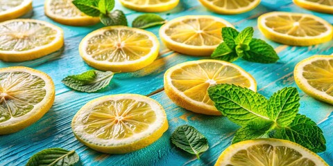 Zesty lemon slices paired with fresh mint leaves create a refreshing summer drink, beautifully arranged on a soothing blue pastel table for delightful inspiration.