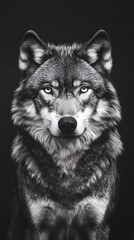 Portrait of a wolf, looking at the camera, against a black background