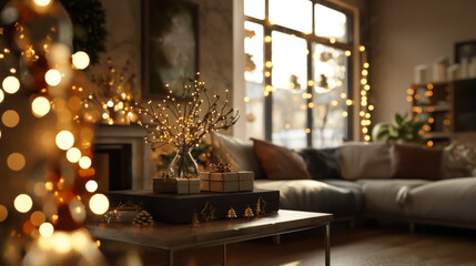 Alternative Eco christmas tree made from branches and lights. Creative Tree DIY on holiday Interior background. Banner with place for text. Rustic Idea Zero waste decorations at xmas