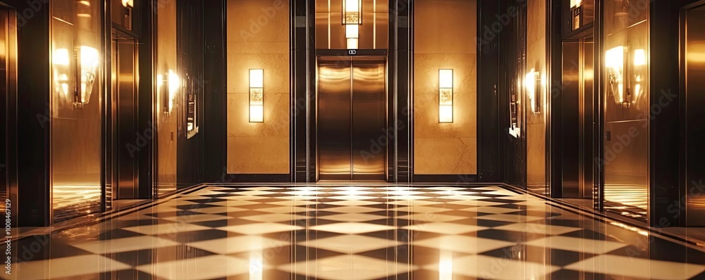 Poster luxurious elevator interior with elegant lighting and tiled floor, creating a modern and sophisticat