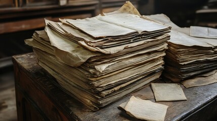 Stacks of Vintage Documents and Papers in an Old Library
