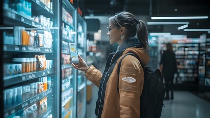 Woman shopping for groceries with smartphone in supermarket aisle scanning product displays