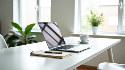 Fototapeta premium A minimalist workspace featuring a sleek laptop, a notebook with a pen, a coffee cup, and a potted plant on a white desk, set against a backdrop of large windows with soft, natural light.