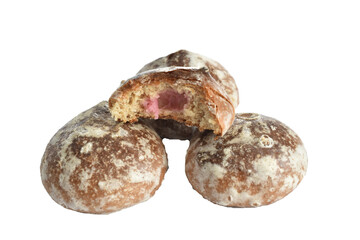 Fresh gingerbread cookies with jam filling lie on a white background.