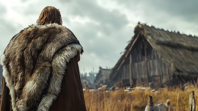 36. Viking figure with a fur cloak standing in front of a longhouse