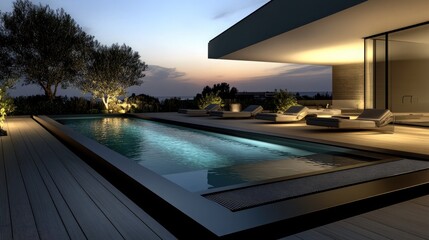 Fototapeta premium A sleek, minimalist pool area with a lap pool, underwater lighting, and a deck with flush-mounted loungers