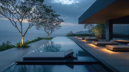 Fototapeta premium A sleek, minimalist pool area with a lap pool, underwater lighting, and a deck with flush-mounted loungers
