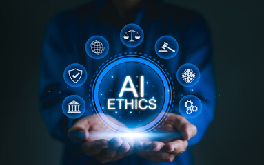 AI ethics and law in artificial intelligence governance. Icons related to AI ethics, symbols of...