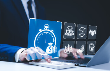 Business time management, productivity concept. Businessman working, with time management icons, financial growth, global teamwork, emphasize efficiency, goal setting, productivity in corporate,