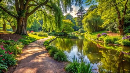A tranquil pathway meanders through a lush green park, following the curve of a tranquil pond, where sunlight filters through the canopy, casting shimmering reflections on the water's surface.