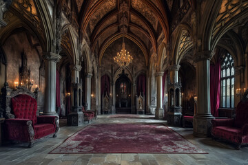 Fototapeta premium Ornate gothic throne room, stone pillars, deep red velvet drapes, and a high arched ceiling with chandeliers.