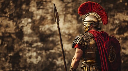 37. Roman centurion standing tall with a red plume helmet and spear