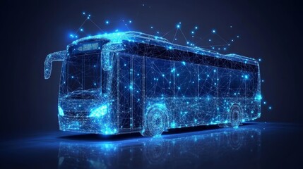 Digital Electric Bus On Blue Technology Background. Abstract Futuristic City Transportation Concept.