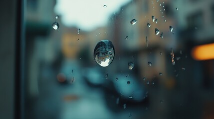 Naklejka premium Captivating Droplets: A Rainy Day Reflection